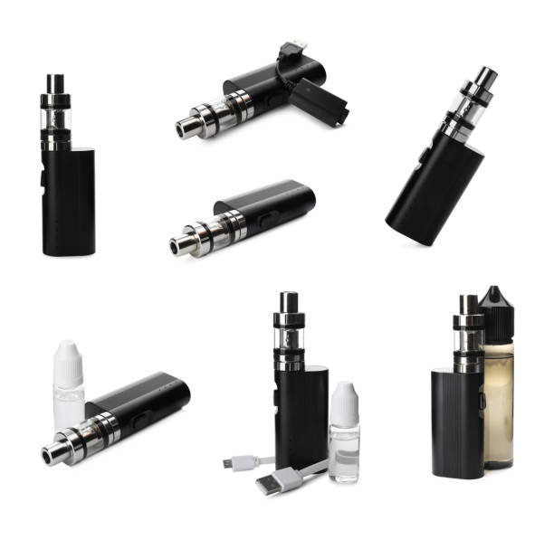 Set with electronic smoking devices on white background Set with electronic smoking devices on white background liquid battery stock pictures, royalty-free photos & images