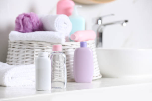 istock Baby cosmetic products on white table, space for text 1441235600