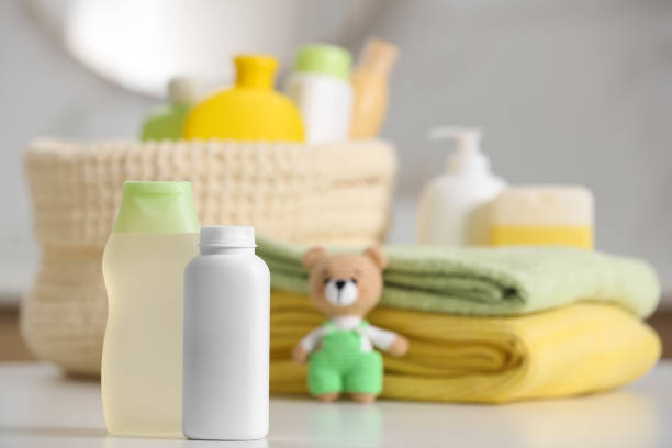 istock Baby cosmetic products on white table, space for text 1441236341