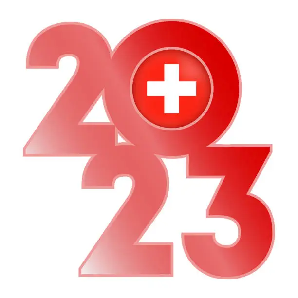 Vector illustration of Happy New Year 2023 banner with Switzerland flag inside. Vector illustration.
