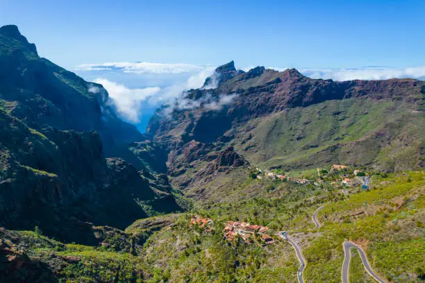 Aerial view of Masca village in the mountains in Tenerife island. One of the most popular places to visit - small village in a valley among the clouds