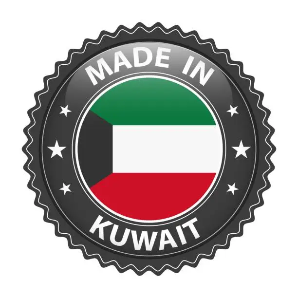 Vector illustration of Made in Kuwait badge vector. Sticker with stars and national flag. Sign isolated on white background.