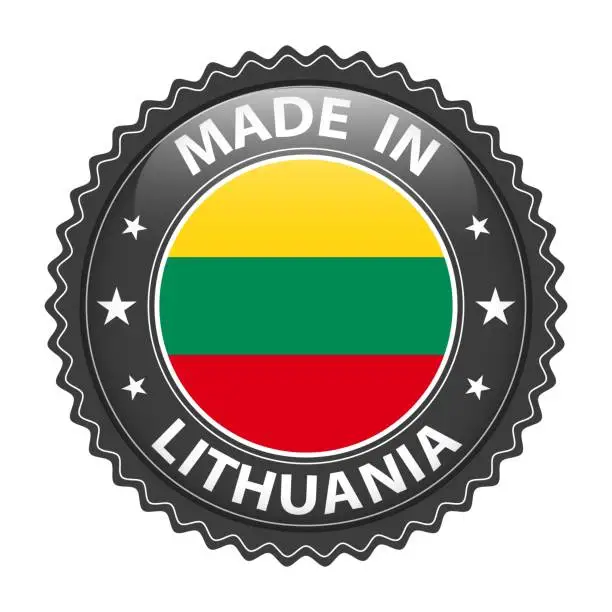 Vector illustration of Made in Lithuania badge vector. Sticker with stars and national flag. Sign isolated on white background.