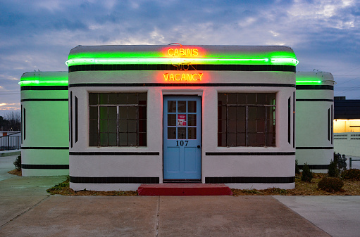 Carthage, MO, 2022:  There are rooms available at the Boots Court on Route 66 in Carthage MO, according to their neon sign.