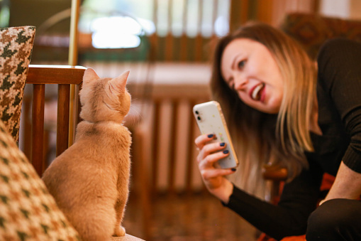 young woman taking a picture of her cat