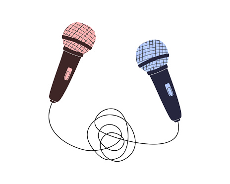 Hand drawn cute cartoon illustration of two microphones. Flat vector discussion or interview sticker in simple colored doodle style. Audio device icon or print. Isolated on white background.