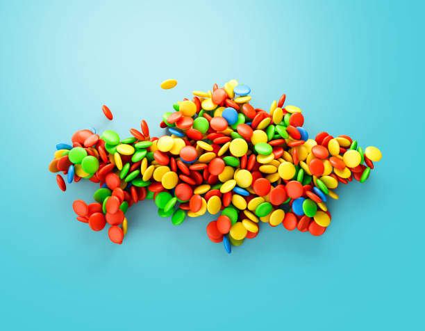 Kazakhstan multicolored sweet candy Dragees in shape of Kazakhstan map isolated on white background. 3d illustration