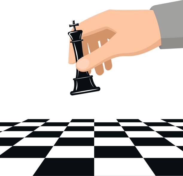 한 남자의 손이 체스판 위에 체스 말 왕을 들고 있습니다. - greeting competition success greeting card stock illustrations