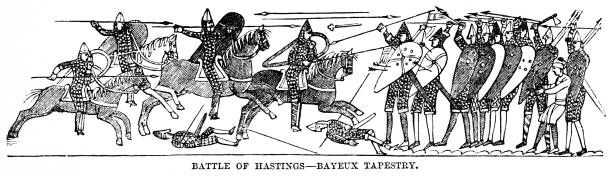 bitwa pod hastings na gobelinie z bayeux - tkanina z bayeux stock illustrations