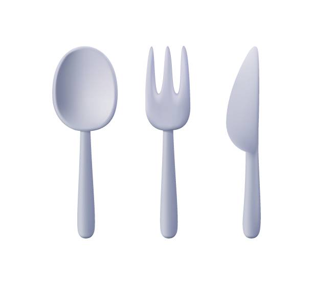 ilustrações de stock, clip art, desenhos animados e ícones de 3d cutlery icon. spoon, forks, knife. restaurant business concept, vector illustration 3d icons set. - table knife silverware black fork