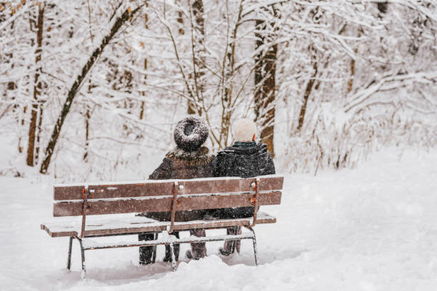 senior couple sitting on bench, snowy winter weather. concept of retirement age, family, love, christmas - snow winter bench park imagens e fotografias de stock
