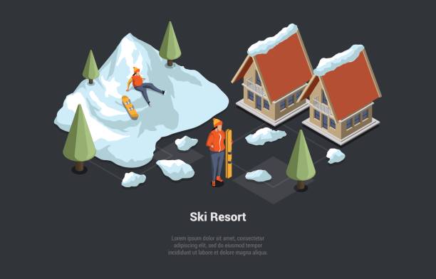 winterurlaub und familienurlaubskonzept. luxus-ski-resort-hotel mit verschneiten dächern. girl ride snowboard downhill. ort für vip-winterweihnachtsferien. isometrische 3d-cartoon-vektor-illustration - switzerland hotel skiing people stock-grafiken, -clipart, -cartoons und -symbole