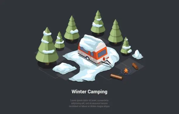 Vector illustration of Concept Of Adventures, Hiking, Camping, Family Traveling And Winter Vacations. Camping Trailer Parked At RV Parking. Christmas Outdoor Family Travel In Snowy Forest. Isometric 3d Vector Illustration