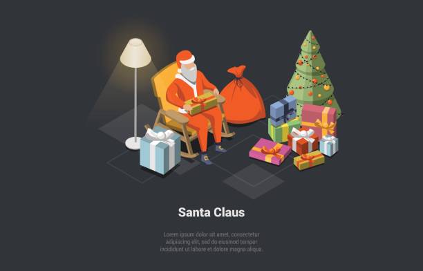 ilustrações de stock, clip art, desenhos animados e ícones de winter holidays and vacations. cheerful santa sitting in armchair with gift box, sack behind with lots of gifts and beautiful christmas tree wishing happy new year. isometric 3d vector illustration - christmas present senior men surprise gift box