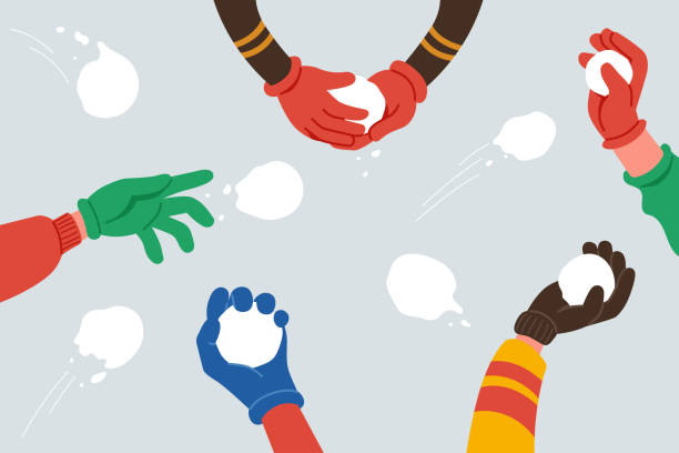 雪合戦。カラフルな手袋をはめた人間の手が雪玉を投げます。冬の楽しみ。季節のデザインのための要素。漫画風のベクターイラスト - snowball点のイラスト素材／クリップアート素材／マンガ素材／アイコン素材