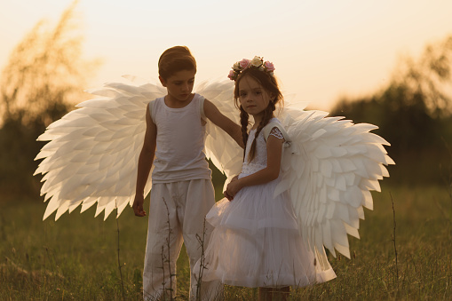 Two angels with white wings on green grass. Blonde girl in dress and brunette boy on summer sunset background