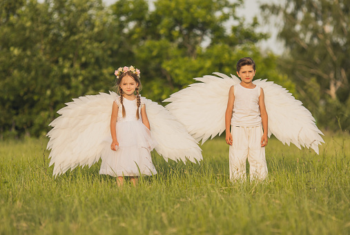 Two angels with white wings on green grass. Blonde girl in dress and brunette boy on summer sunset background