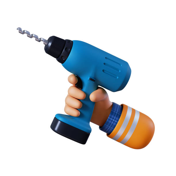 istock 3d render, cartoon caucasian human hand holds blue electric drill. Professional builder with equipment. Construction tool icon. Renovation service clip art isolated on white background 1441250036
