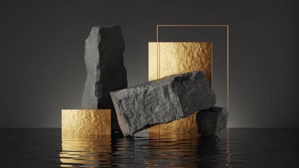 istock 3d render, abstract geometric background with gold panels, golden frame, black broken coal rocks cobble stones ruins standing on the water. Stylish showcase scene for product presentation 1441250087