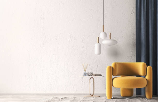 Interior of modern living room with wooden coffee table and orange armchair, empty wall. Home design. 3d rendering Interior of modern living room with coffee table and orange armchair, empty wall and blue curtain. Pendant light. Home design. 3d rendering art deco vase stock pictures, royalty-free photos & images