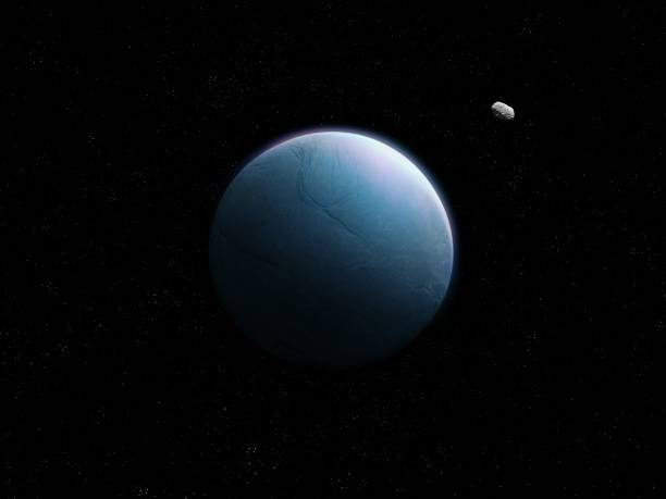 Distant planet covered in ice with asteroid in deep space 3d illustration.