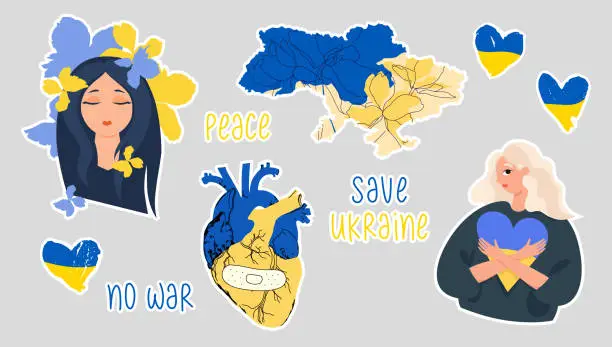 Vector illustration of Set of vector stickers and labels. Laptop stickers. Heart in the colors of the Ukrainian flag.