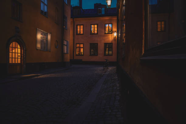 Empty alley amidst buildings in city at evening