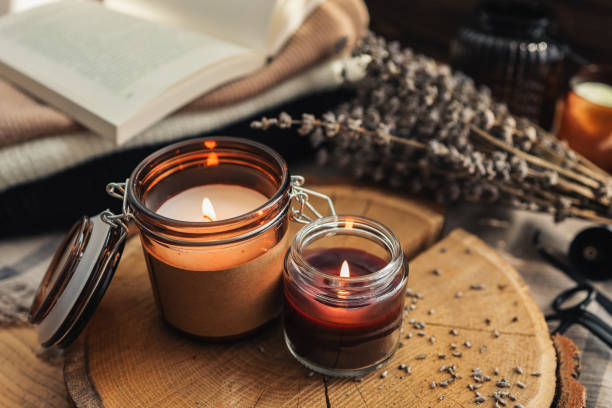 istock Lavender and candles on a old wooden background 1441260620