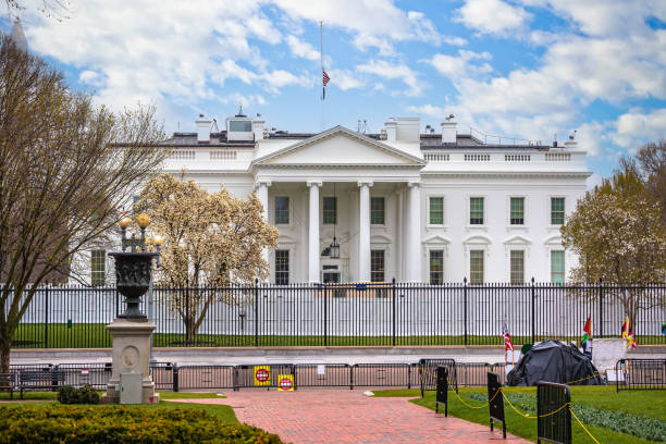 White House front facade from Pennsylvania Avenue springtime view, Washington DC, capital of USA