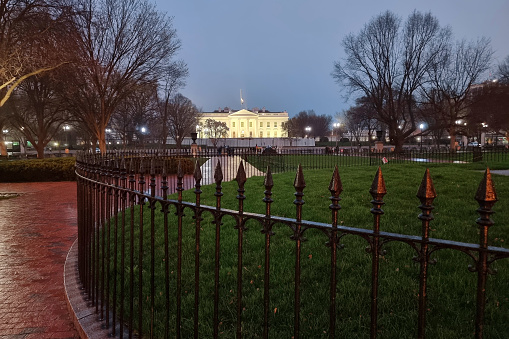 White House front view from Lafayette square park at evening, Washington DC, capital of USA