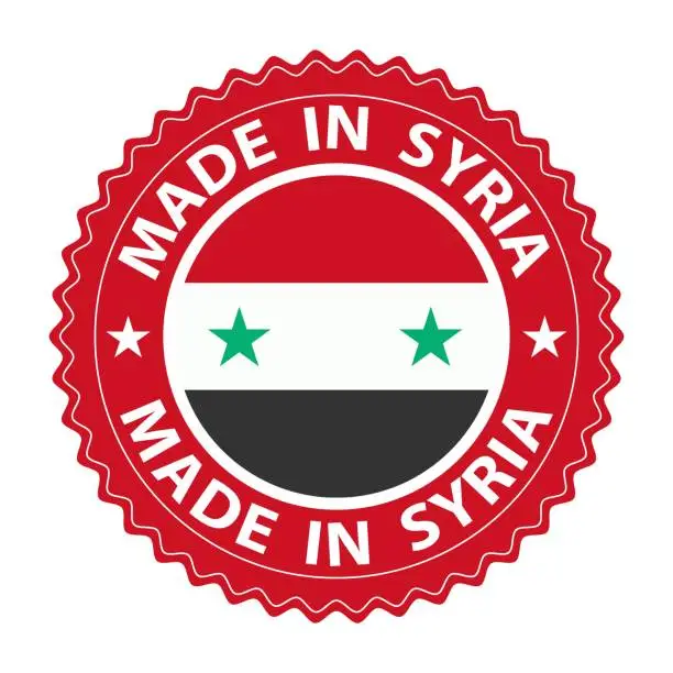 Vector illustration of Made in Syria badge vector. Sticker with stars and national flag. Sign isolated on white background.
