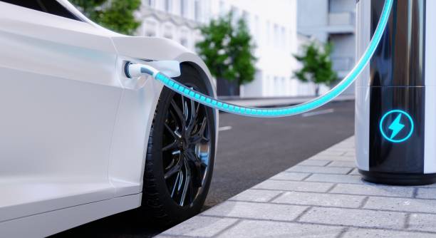 High-speed charging station for electric vehicles on city streets with blue energy battery charging. Fuel power and transportation industry concept. 3D illustration rendering stock photo