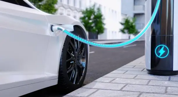 Photo of High-speed charging station for electric vehicles on city streets with blue energy battery charging. Fuel power and transportation industry concept. 3D illustration rendering