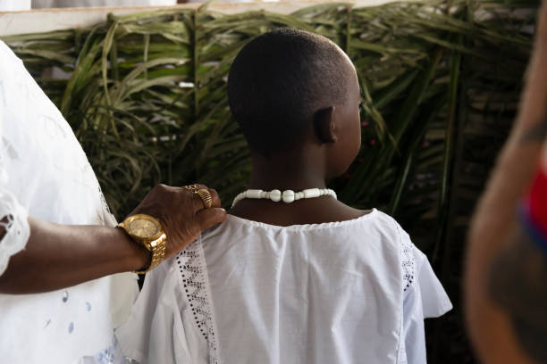 Santo Amaro, Bahia, Brazil - May 15, 2022: Candomble members are seen during a religious demonstration known as Bembe do Mercado in the city of Santo Amaro.