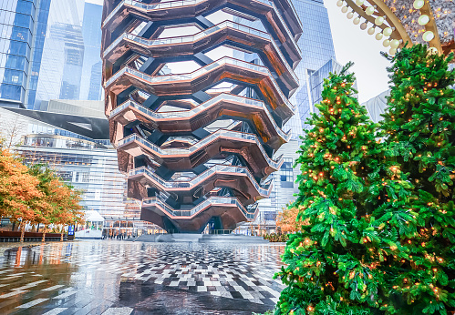 Christmas trees decorations in Hudson Yards, New York. Public display, unrestricted access. Photographed on December 18, 2021