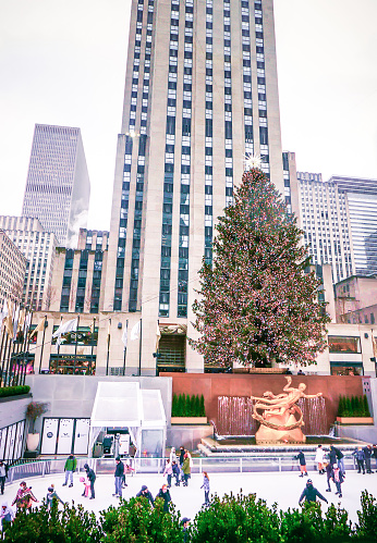 Christmas tree with ice skaters at Rockefeller Center in New York City, photographed on December 18, 2021