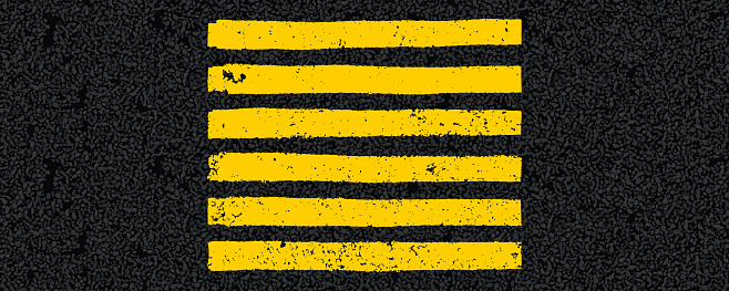 Yellow crosswalk on tarmac road top view. Zebra traffic mark for pedestrian walk vector illustration. Background with old paint texture on asphalt surface. Roadway seamless pattern.