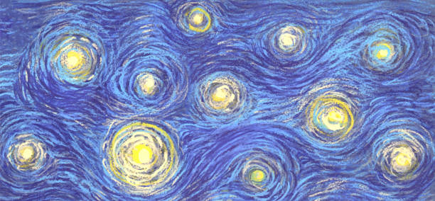 ilustraciones, imágenes clip art, dibujos animados e iconos de stock de estrellas brillantes sobre un fondo abstracto de cielo azul al estilo de las pinturas impresionistas - impresionismo