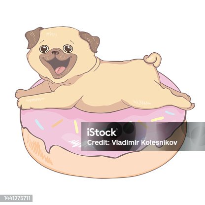 istock Puppy Pug with a pink donut. Humor poster, t-shirt composition 1441275711