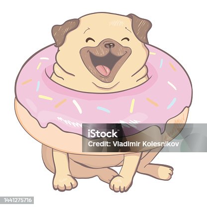 istock Puppy Pug with a pink donut. Humor poster, t-shirt composition 1441275716