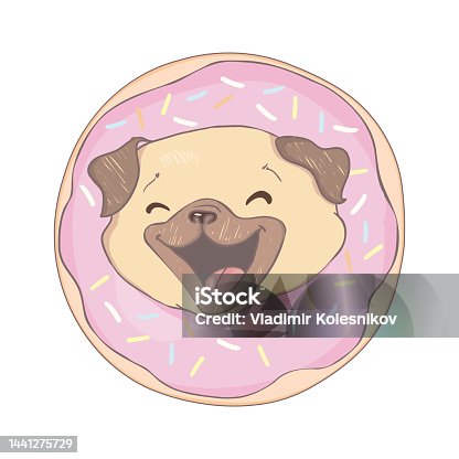 istock Puppy Pug with a pink donut. Humor poster, t-shirt composition 1441275729