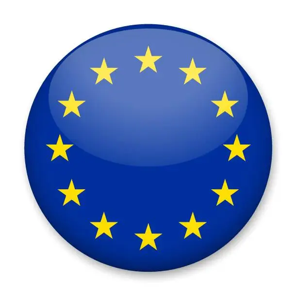 Vector illustration of Flag of European Union in the form of a round button with a light glare and a shadow. The symbol of Independence Day, a souvenir, a button for switching the language on the site, an icon.