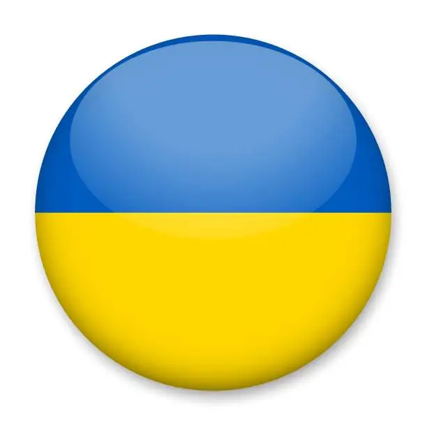 Vector illustration of Flag of Ukraine in the form of a round button with a light glare and a shadow. The symbol of Independence Day, a souvenir, a button for switching the language on the site, an icon.