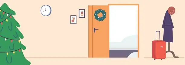 Vector illustration of Christmas Home Interior With Decorated Fir-tree, Open Door, With Wreath, Clock And Hanger With Clothes And Suitcase