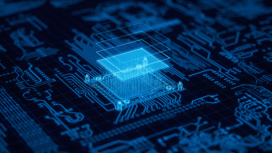 Abstract technology background with digital computer motherboard and CPU.