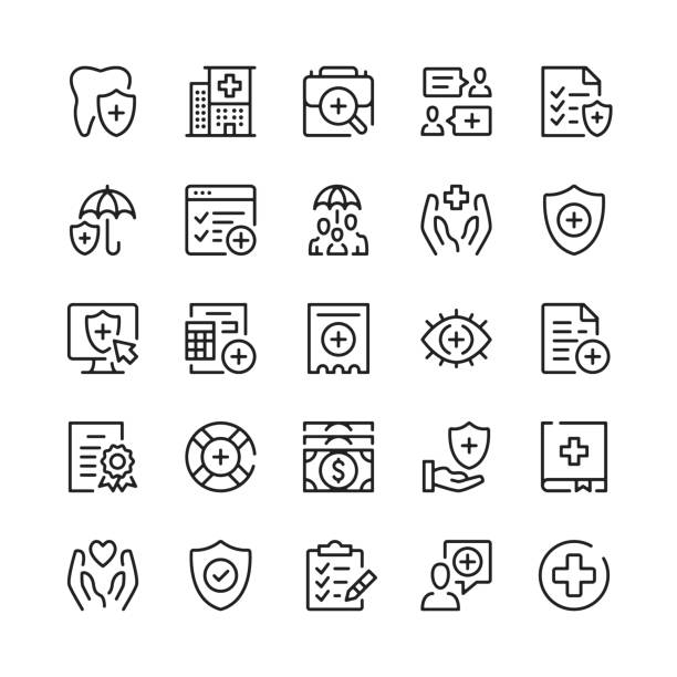 Health insurance line icons. Outline symbols. Vector line icons set Health insurance line icons. Outline symbols. Vector line icons set bank financial building drawings stock illustrations