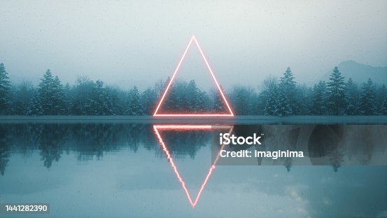 istock Retro Futuristic Triangular Neon Frame On Lake Synthwave Style Background 1441282390