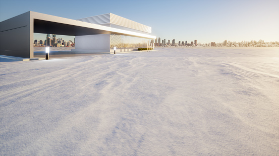 3d rendering of snow cover on ground floor, empty space or area at outdoor in perspective view. Include blur modern building exterior of showroom, shop or store. Background design with blue sky and urban city for product display and concept of car sale, auto, automobile, automotive.