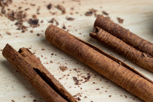 Dry spice of fragrant cinnamon on the table, cinnamon spices used in confectionery baking and cooking