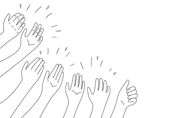 Vector illustration of Applause hands set on doodle style. Human hands sketch, scribble arms wave clapping on white background, thumb up gesture silhouette, vector illustration